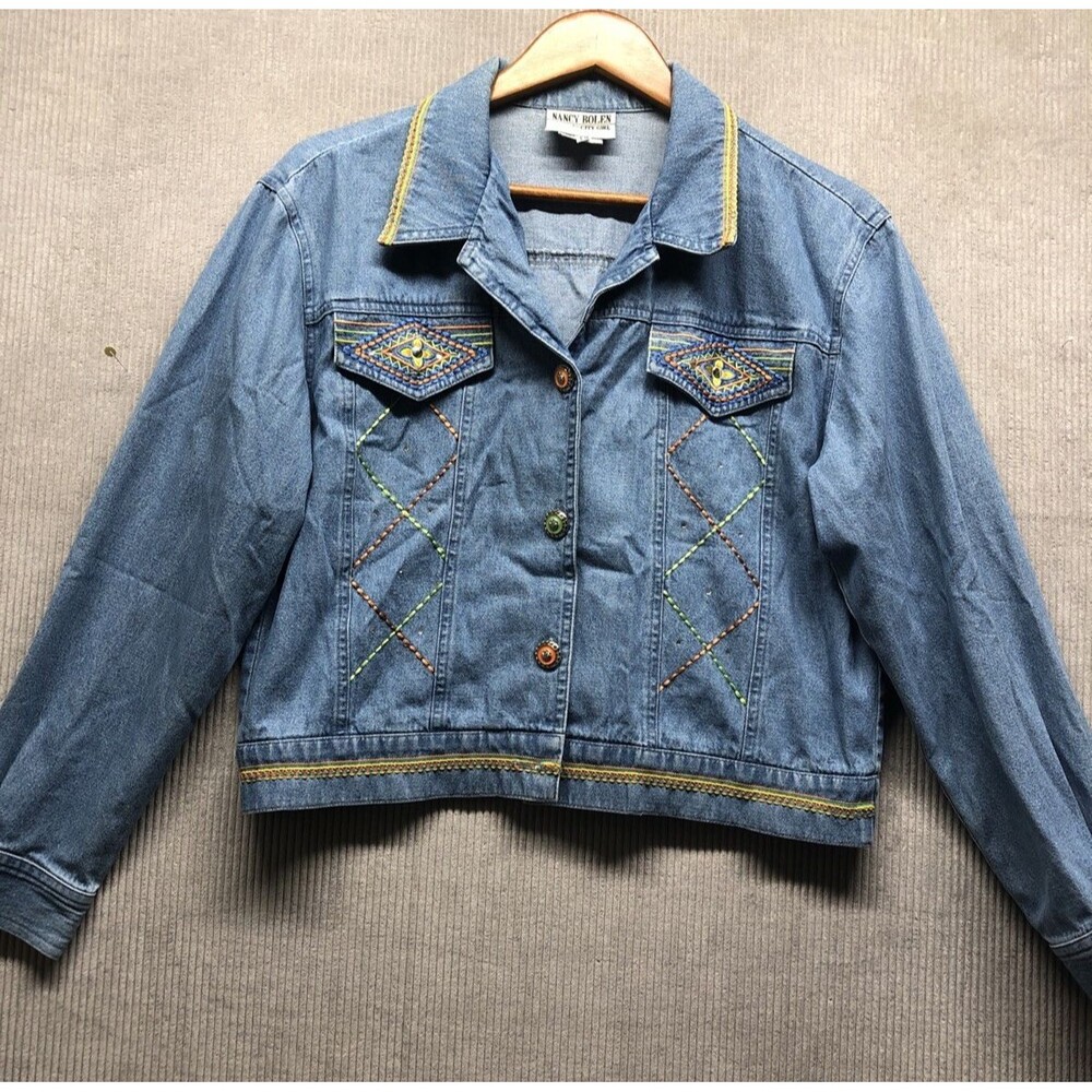 Nancy Bolen City Girl Denim Shacket Women 10 Embroidered Jewel Buttons Grannycor